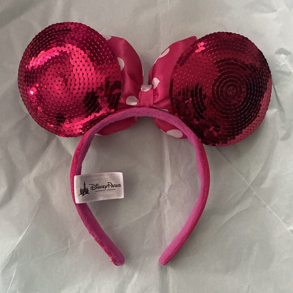 Disney Minnie Mouse Pink Polka Dot Sequin Bow Headband - Picture 2 of 5